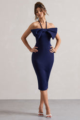 Navy Halter-Neck Midi Dress With Bow